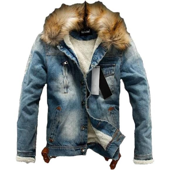 Men's Denim Fleece Jacket Faux Fur Collar Sherpa Coat Jeans Trucker Jacket